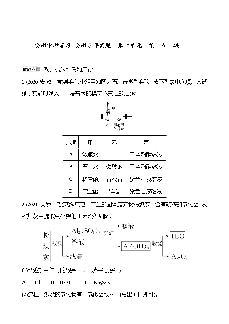 安徽中考复习 安徽5年真题  第十单元　酸　和　碱(教师版)第1页