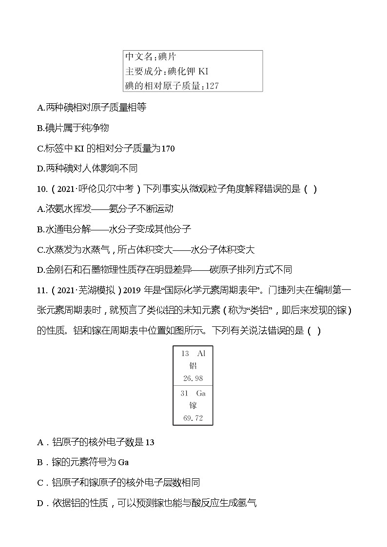 安徽中考复习 梯级训练  第三单元　物质构成的奥秘(学生版)第3页