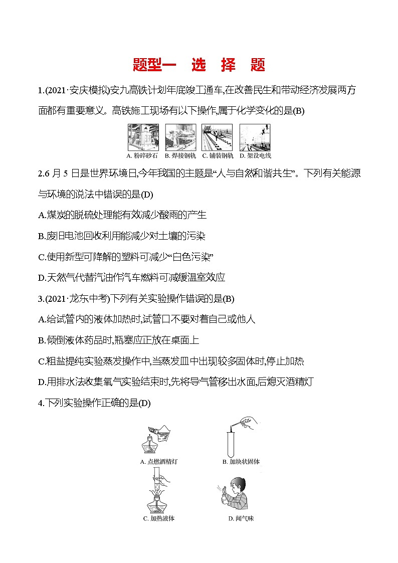 安徽中考复习 高效提分作业 题型一　选　择　题 (教师版)第1页