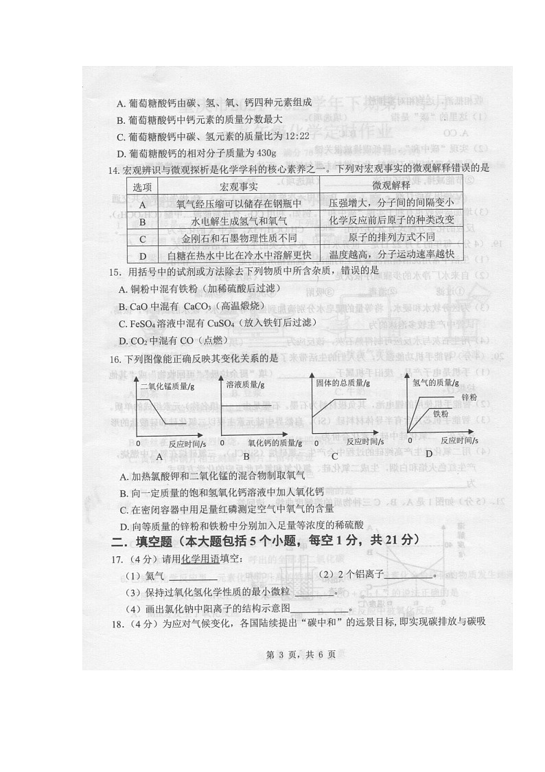 重庆市2021-2022学年九年级下学期第一学月定时作业化学试题无答案第3页