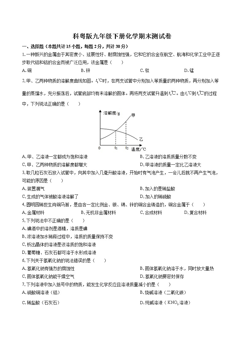 科粤版九年级下册化学期末测试模拟卷（附答案）01