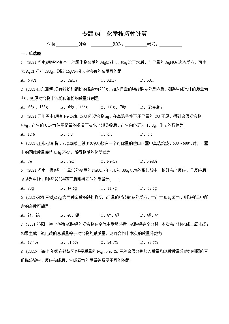 专题04 化学技巧性计算（专题训练）-2022年中考化学二轮复习讲练测（学生版）第1页