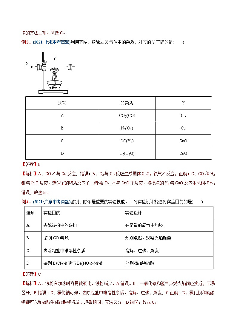 专题29  物质的提纯、除杂（重点、难点）-备战2022年中考化学一轮复习考点微专鉴别题 （教师版含解析）第2页