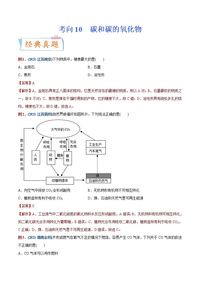 专题10  碳和碳的氧化物（重点、难点）-备战2022年中考化学一轮复习考点微专题 （学生版）第1页