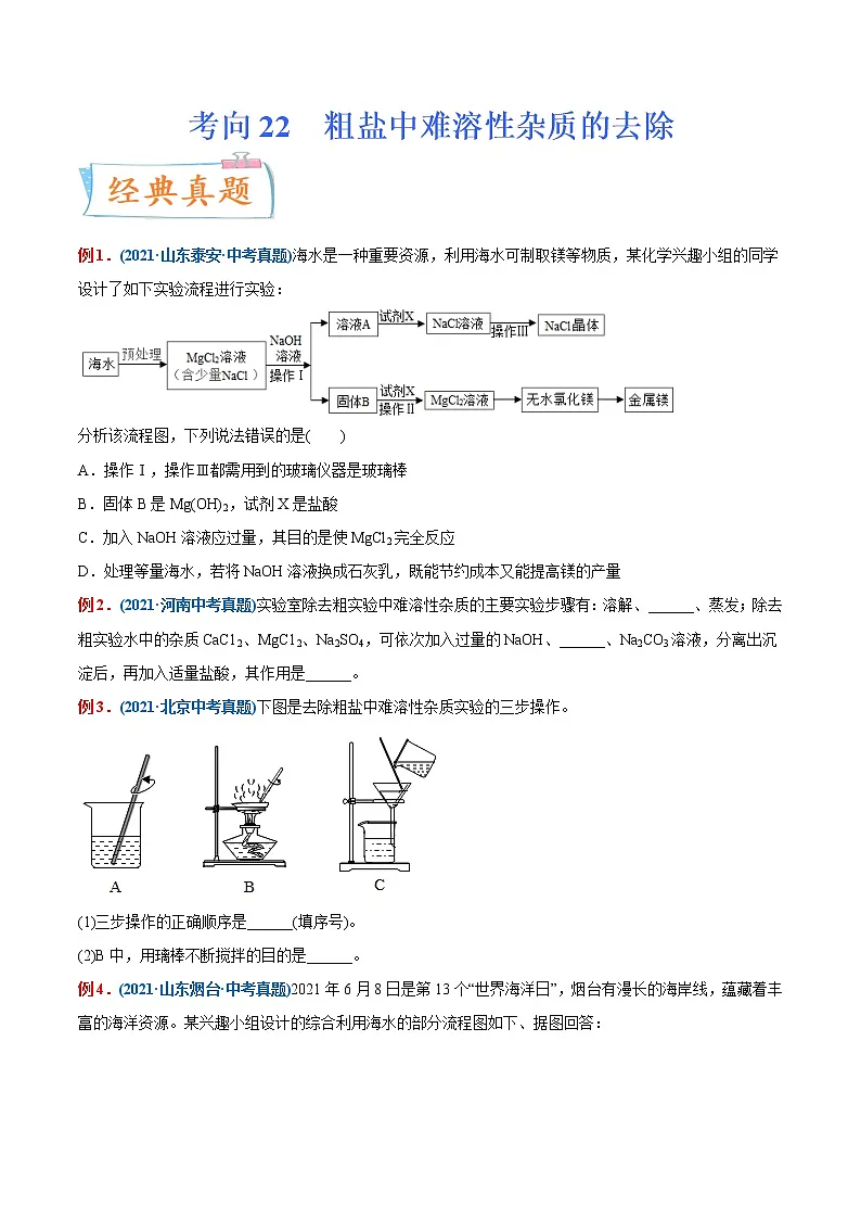 专题22 粗盐中难溶性杂质的去除（重点、难点）-备战2022年中考化学一轮复习考点微专题 （学生版）第1页