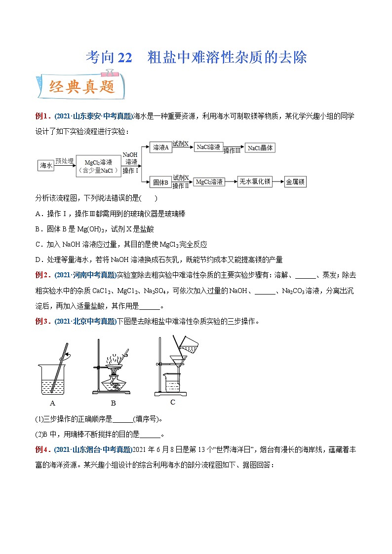 专题22  粗盐中难溶性杂质的去除（重点、难点）-备战2022年中考化学一轮复习考点微专题 （学生版）第1页