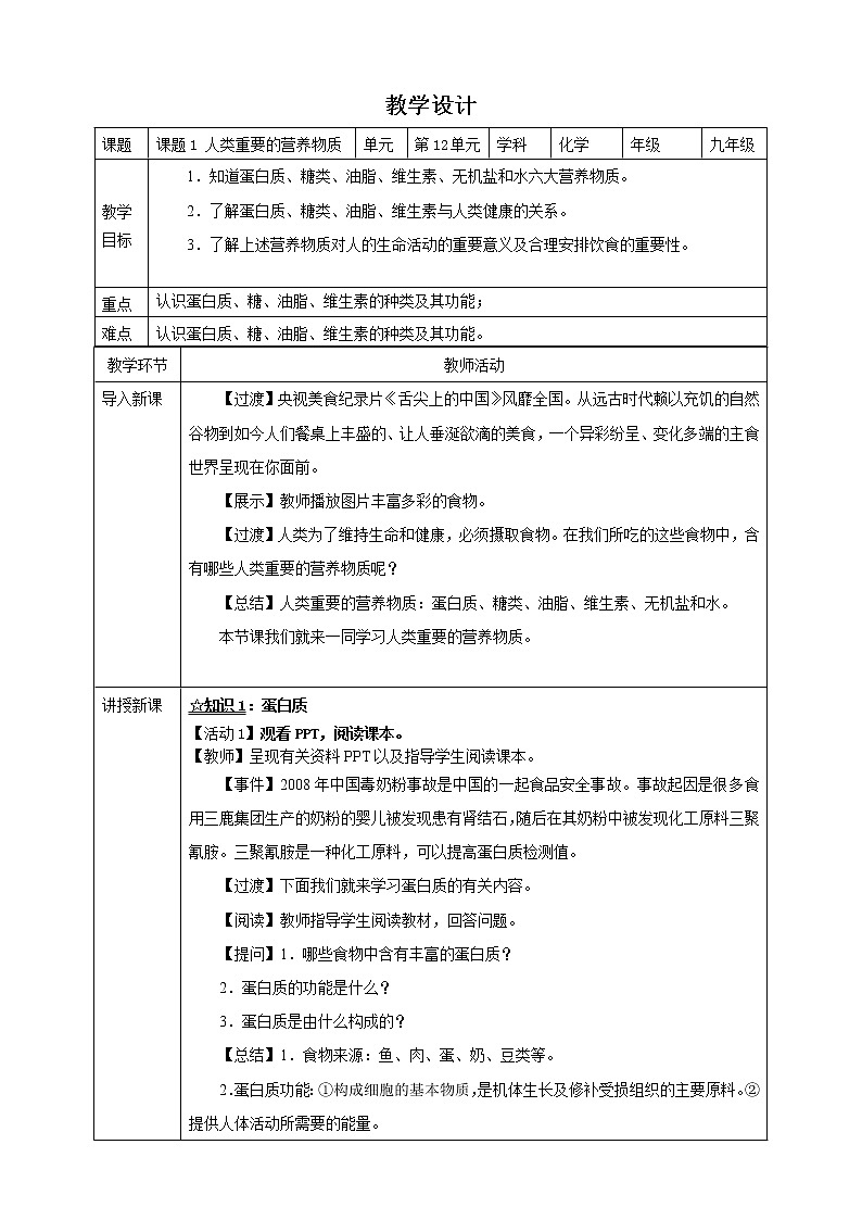 12.1 人类重要的营养物质（课件+教案+学案+练习）01