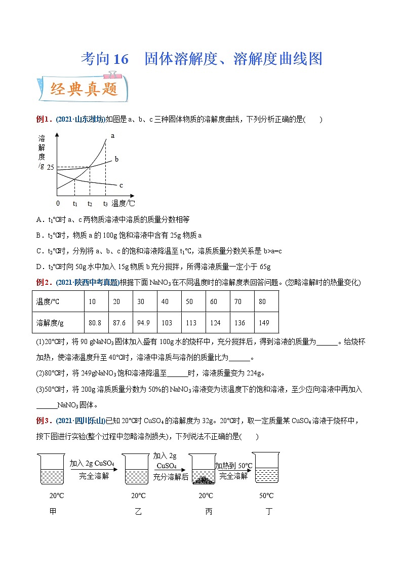 专题16  固体溶解度、溶解度曲线图（重点、难点）-备战2022年中考化学一轮复习考点微专题01