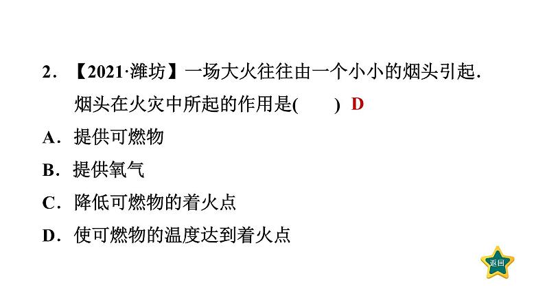 人教版九年级上册化学 第7单元 7.1.1燃烧的条件及灭火的原理 习题课件第4页