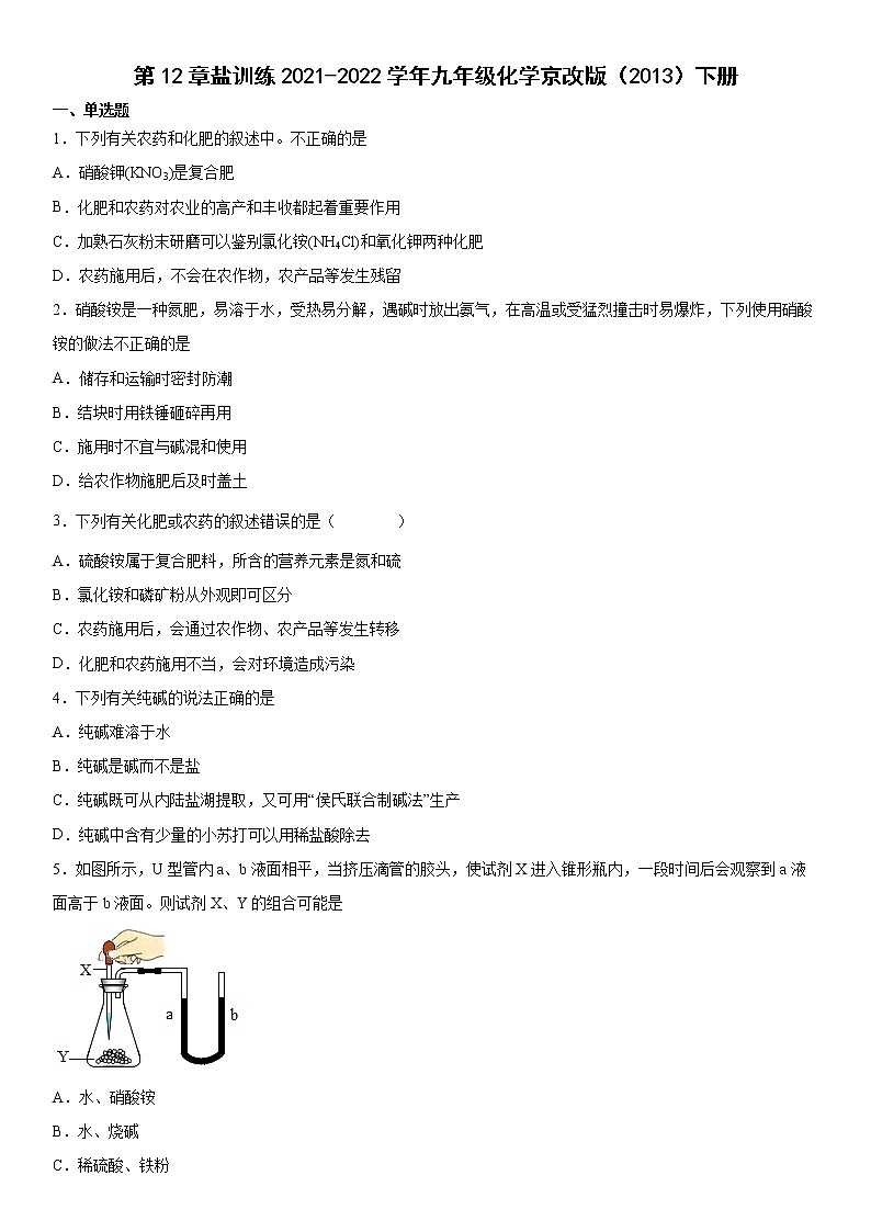 第12章盐训练---2021-2022学年九年级化学京改版（2013）下册（word版含答案）第1页