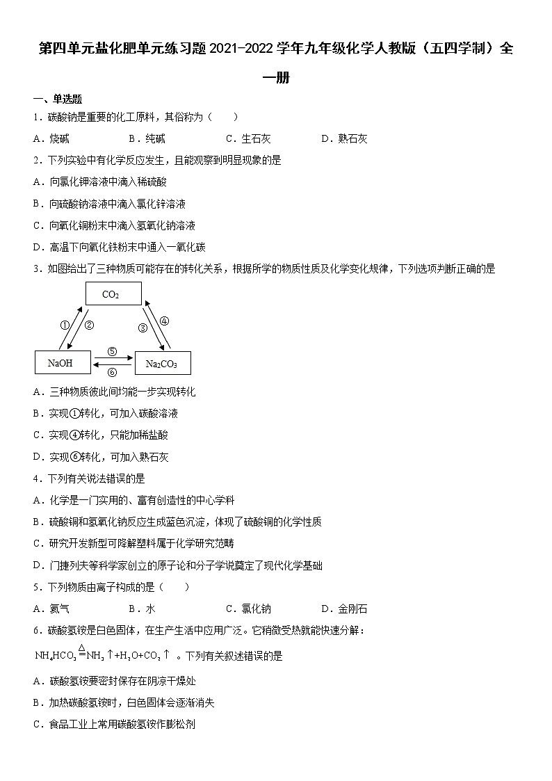 第四单元盐化肥单元练习题—2021-2022学年九年级化学人教版（五四学制）全一册（word版含答案）第1页