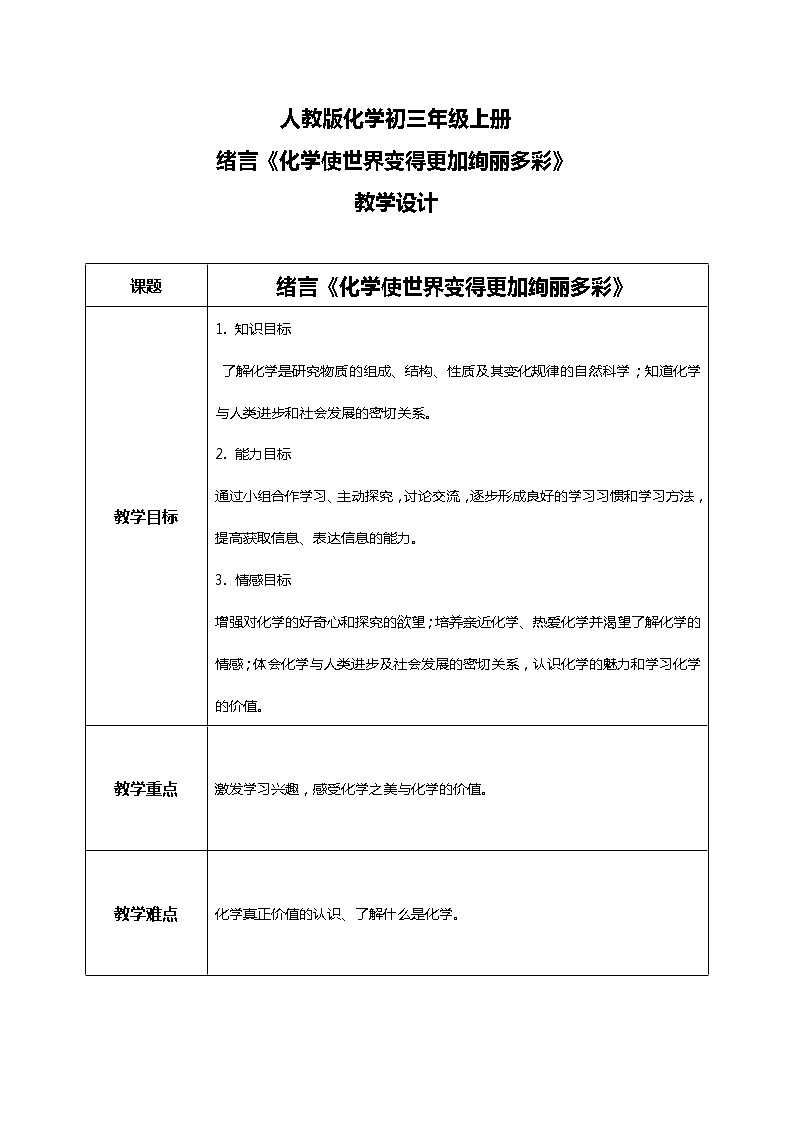 九上化学绪言《化学使世界变得更加绚丽多彩》课件PPT+教案+练习01