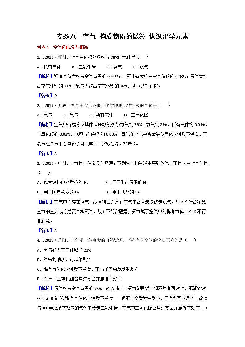 2019真题分类《第二章  空气、物质的构成》【含答案】第1页