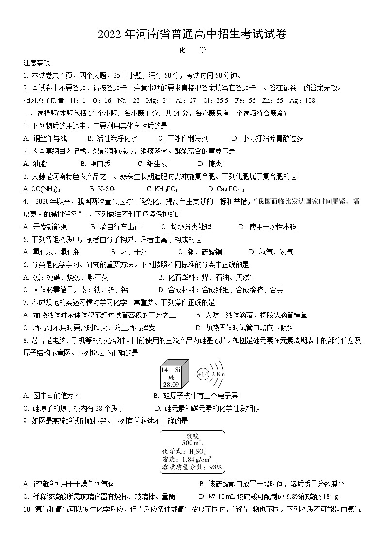 2022年河南省普通高中招生考试化学试卷01