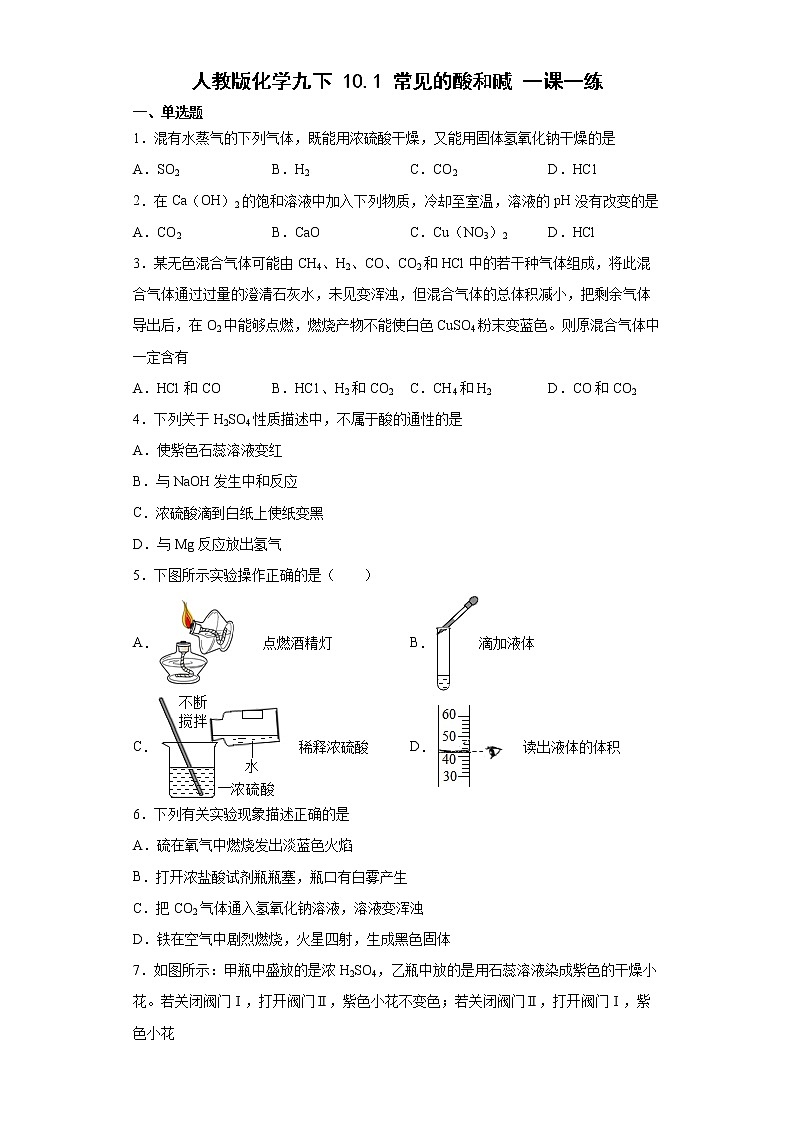 10.1常见的酸和碱一课一练—2021-2022学年九年级化学人教版下册（word版含答案）第1页