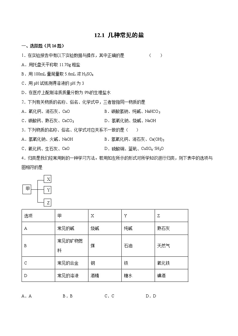12.1几种常见的盐基础训练—2021—2022学年九年级化学京改版（2013）下册（word版含答案）第1页
