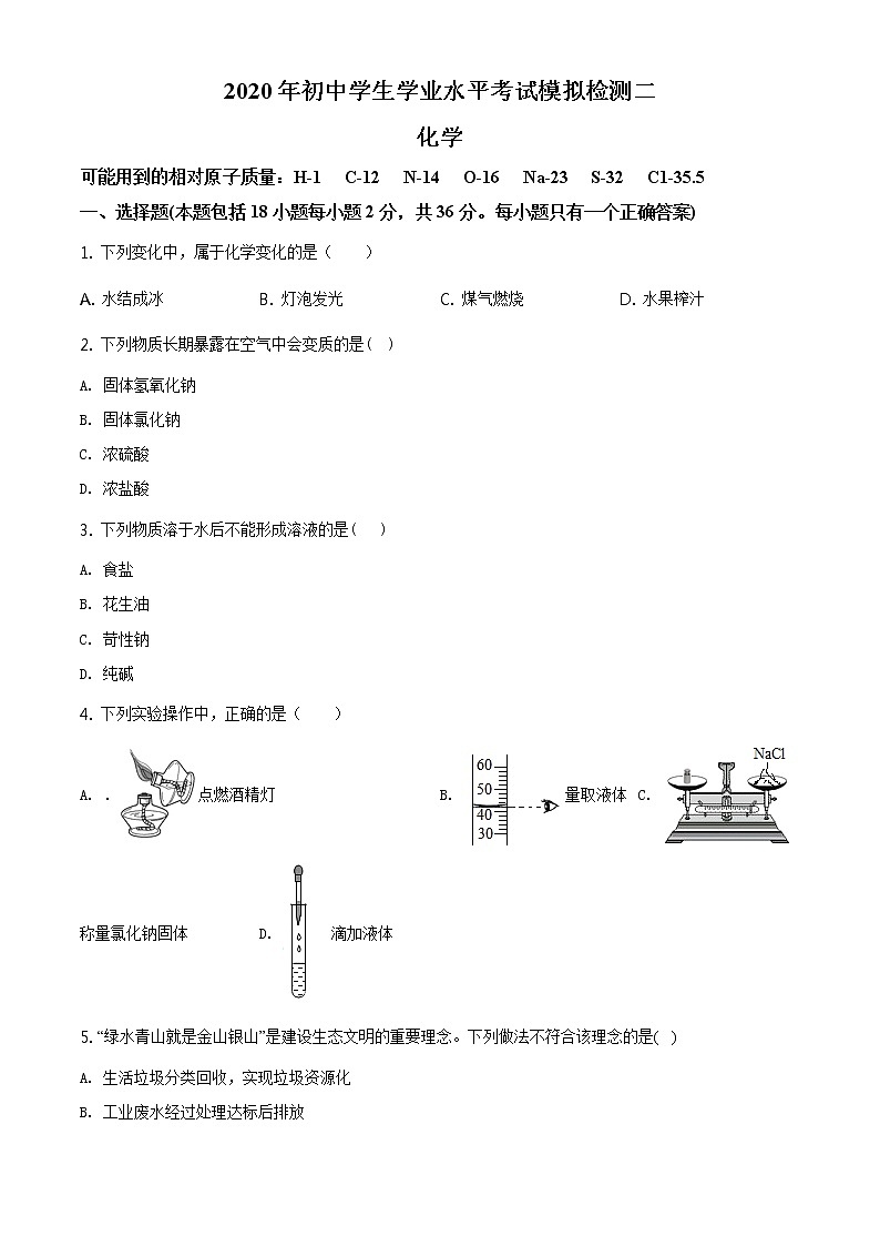 精品解析：2020年山东省临沂市费县中考二模化学试题（解析版+原卷板）01