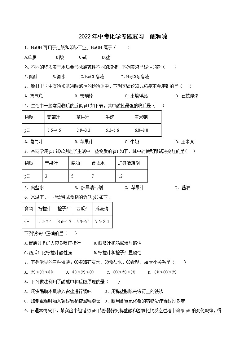 2022年中考化学专题复习酸和碱（word版含答案）第1页