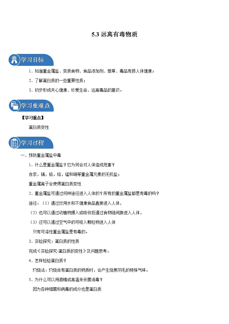 5.3 远离有毒物质 同步学案 初中化学鲁教版（五四学制）九年级全一册（2022年）第1页
