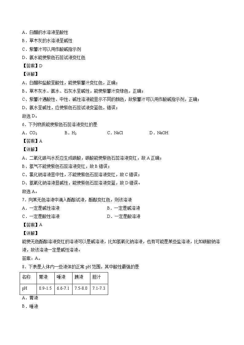 7.1 溶液的酸碱性 同步习题 初中化学沪教版（全国）九年级下册（2022年）02