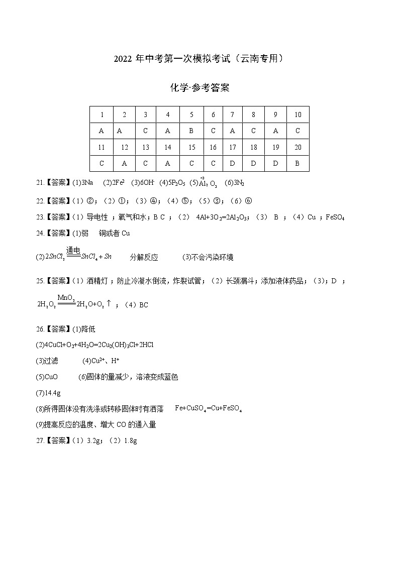 （云南专用）2022年中考化学第一次模拟考试（参考答案）第1页
