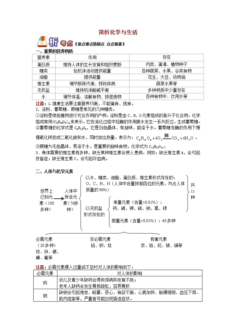 (通用版)中考化学二轮重难点易错点复习讲与练《简析化学与生活》(含详解)第1页