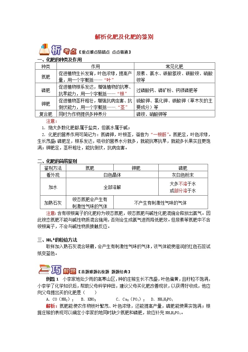 (通用版)中考化学二轮重难点易错点复习讲与练《解析化肥及化肥的鉴别》(含详解)01