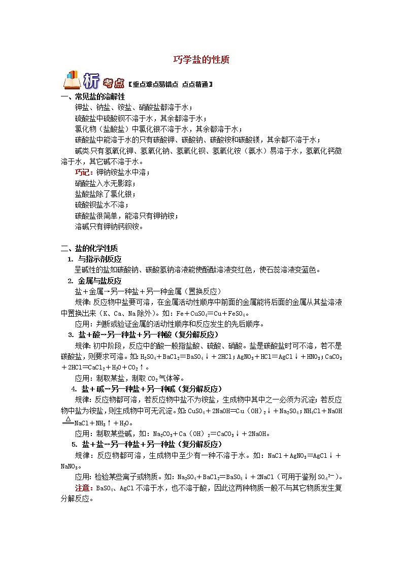 (通用版)中考化学二轮重难点易错点复习讲与练《巧学盐的性质》(含详解)第1页