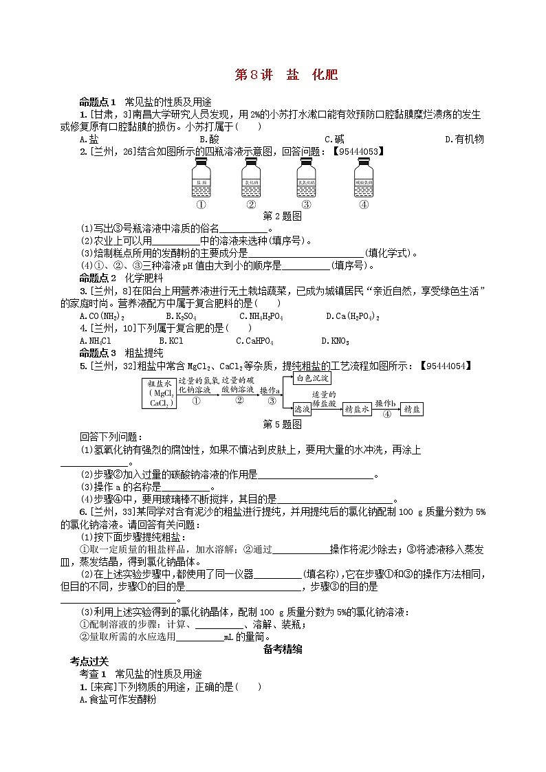 中考化学一轮复习考点精选练第8讲《盐 化肥》（含答案）第1页