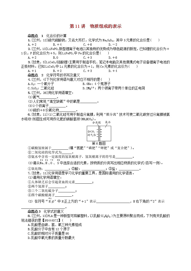 中考化学一轮复习考点精选练第11讲《物质组成的表示》（含答案）第1页