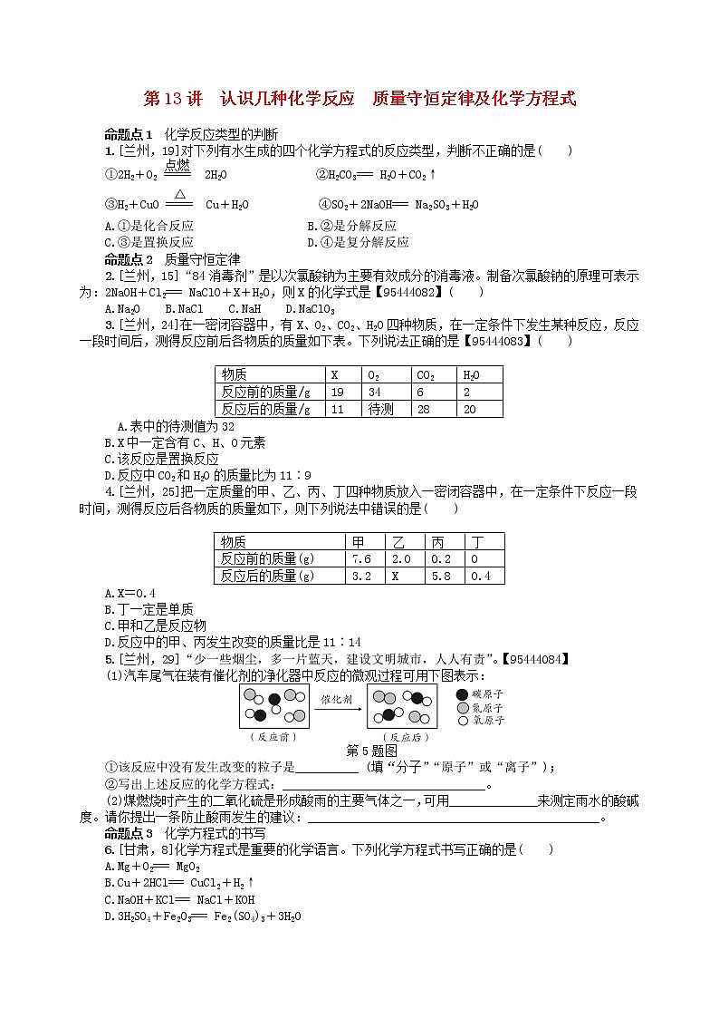 中考化学一轮复习考点精选练第13讲《认识几种化学反应 质量守恒定律及化学方程式 》（含答案）第1页