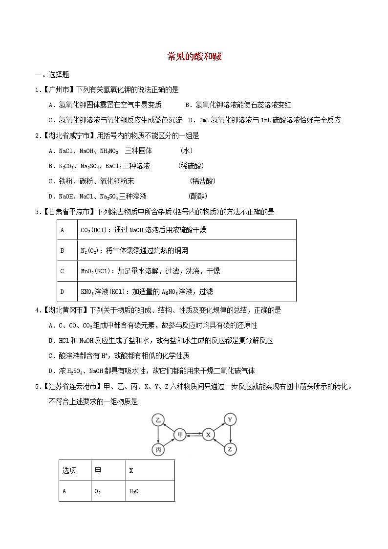 中考化学知识分类汇编练习卷： 常见的酸和碱（无答案）01
