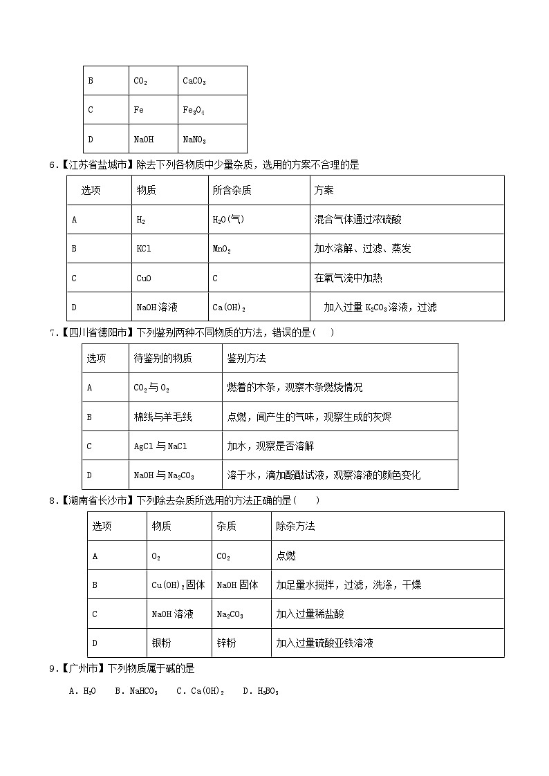 中考化学知识分类汇编练习卷： 常见的酸和碱（无答案）02