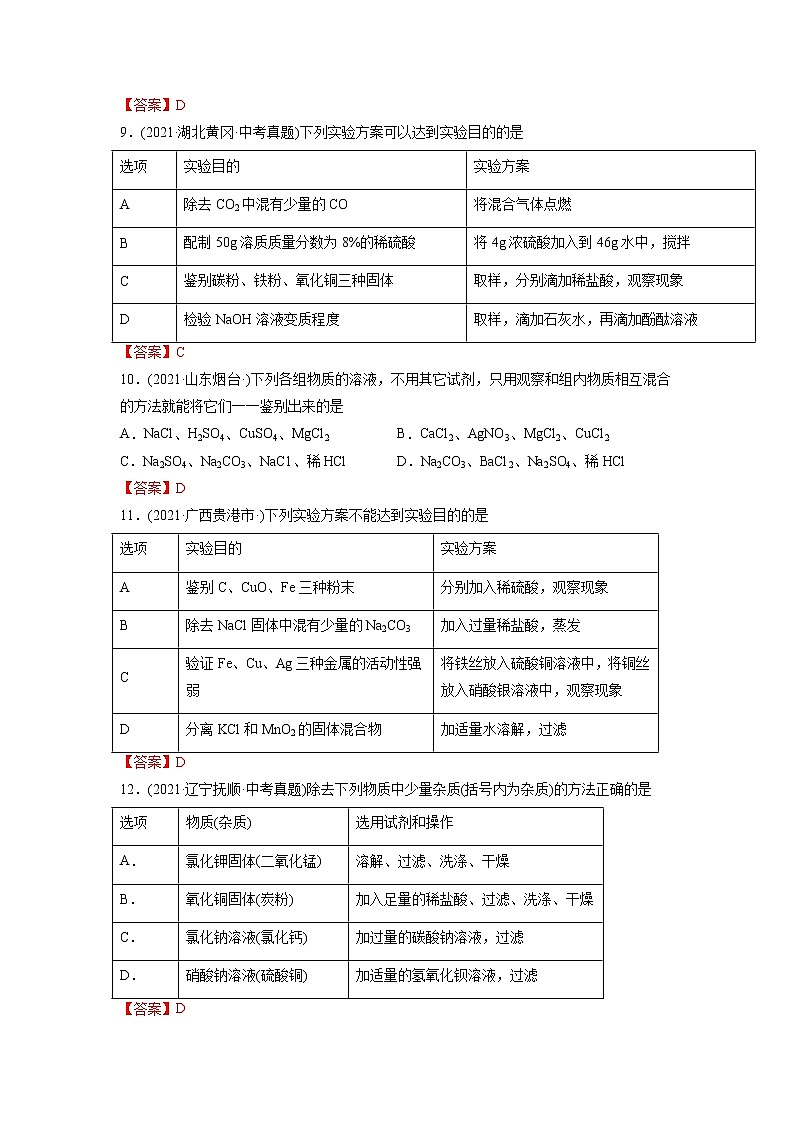 专题19 物质的检验、鉴别与除杂-2021年中考化学真题分项汇编（第04期）03