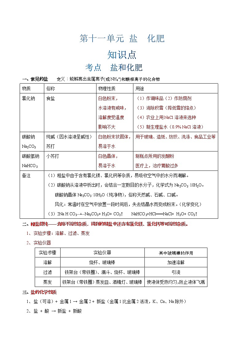 第11单元 盐  化肥-中考化学单元复习 知识点+练习（人教版）01