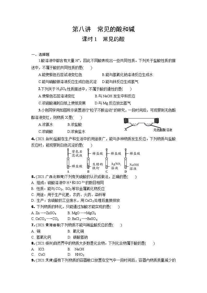 2022年中考九年级化学一轮复习专题训练第八讲　常见的酸和碱（第1课时）（WORD版，含答案）第1页