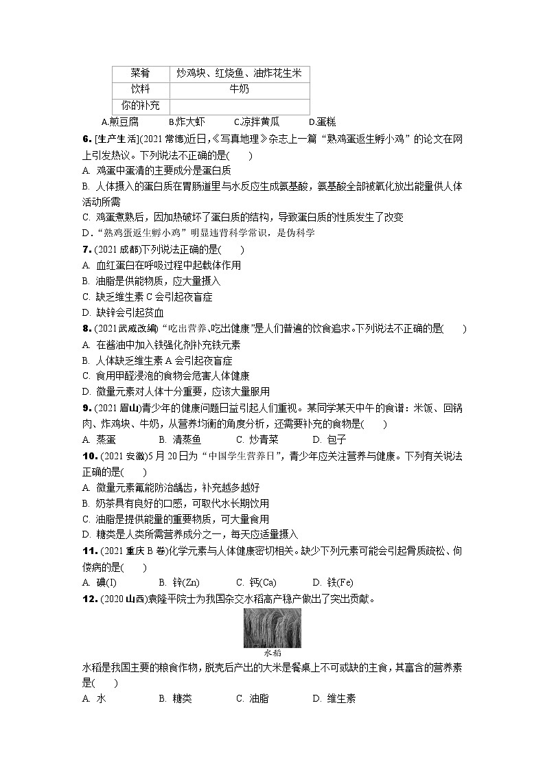 2022年中考九年级化学一轮复习专题训练++第十一讲+化学与健康+第2页