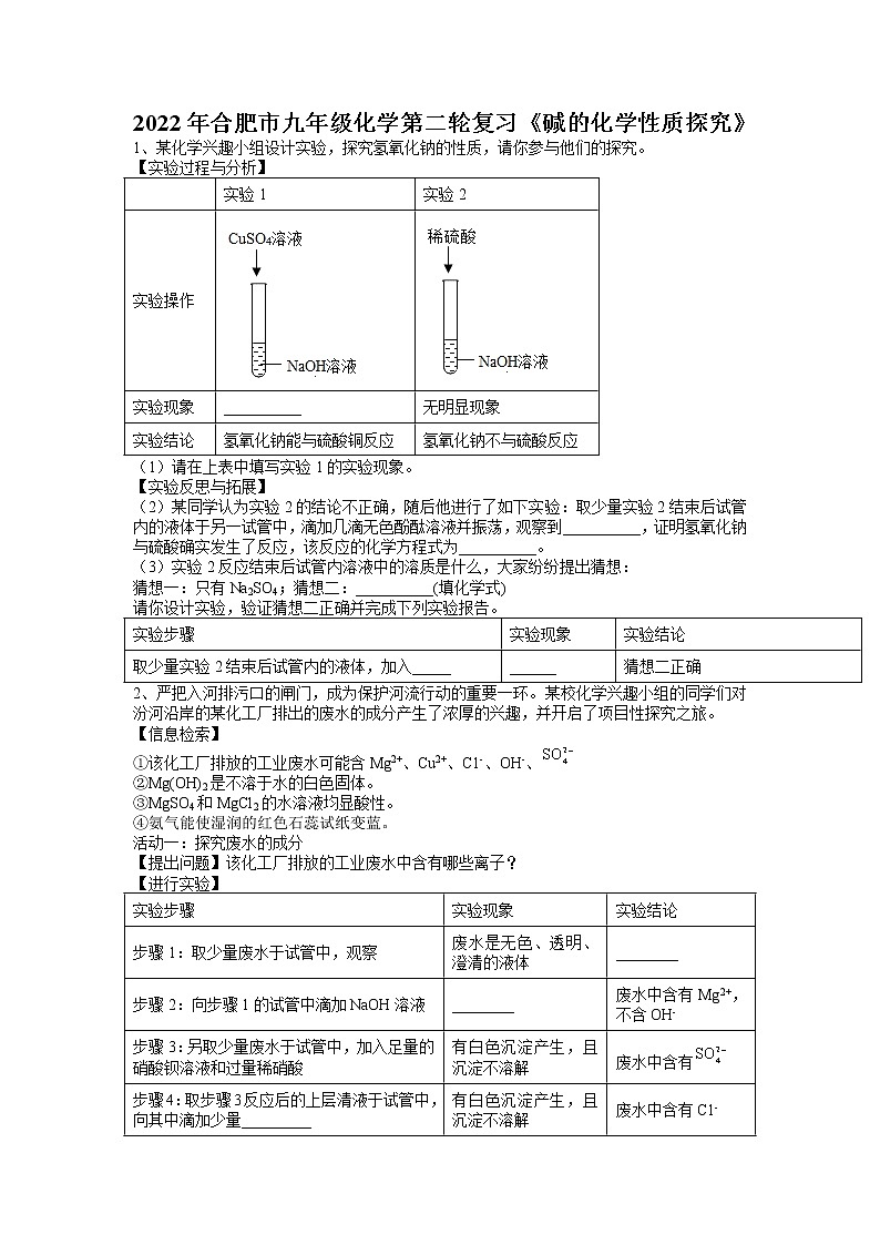 2022年安徽省合肥市九年级化学第二轮复习---碱的化学性质探究第1页
