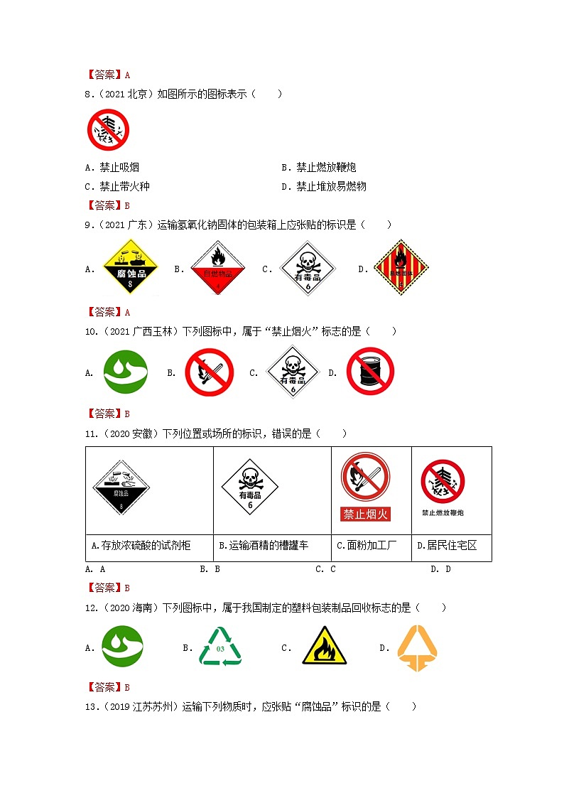 专题28化学标识标签-【提分必备】2022年中考化学一轮复习必练真题（全国通用）02