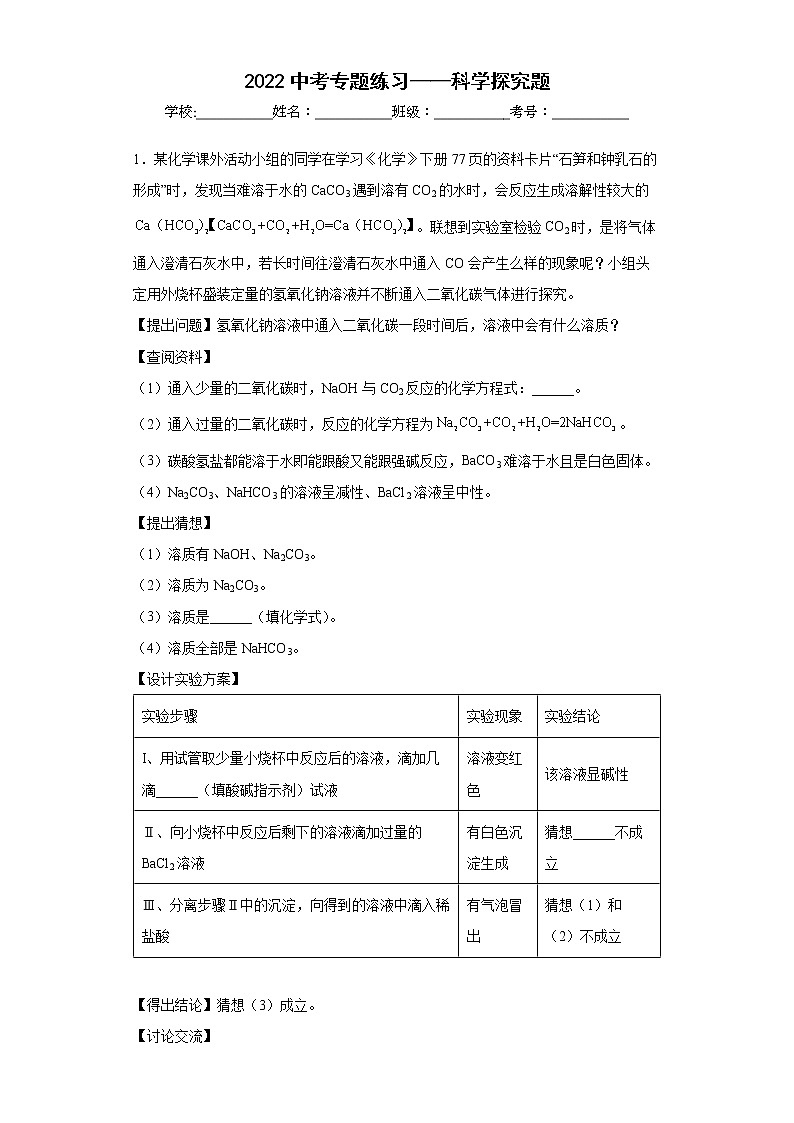 2022年中考化学二轮专题练习——科学探究题第1页