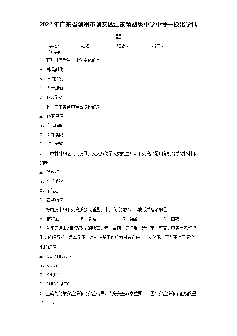 2022年广东省潮州市潮安区江东镇初级中学中考一模化学试题(word版含答案)01