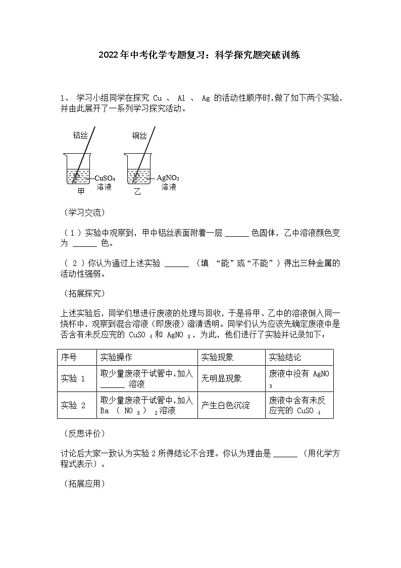2022年中考化学专题复习：科学探究题突破训练第1页