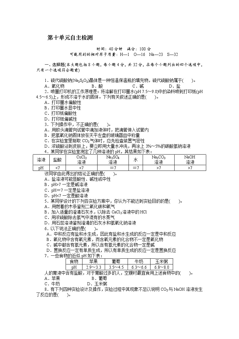 人教版九年级化学下册第十单元自主检测  含答案第1页