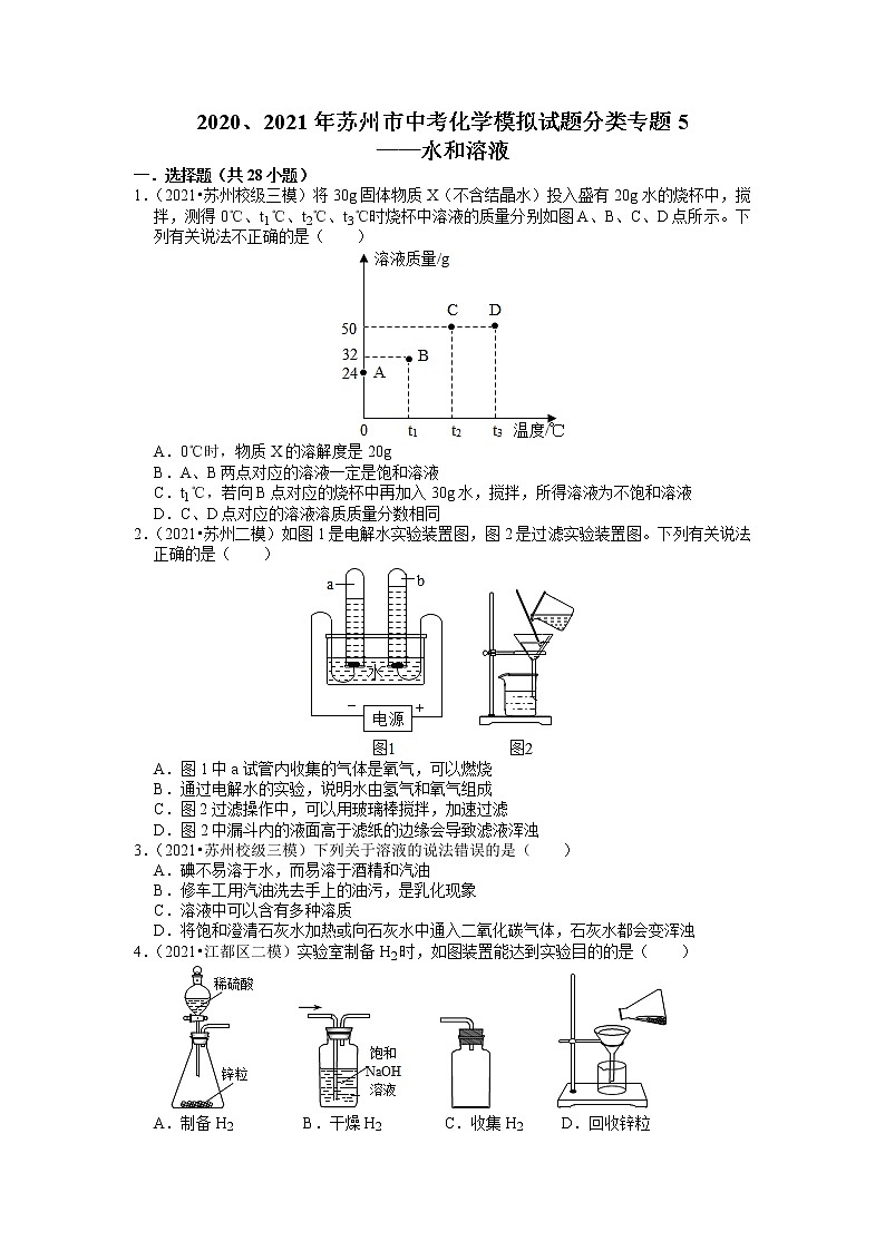 2020、2021年苏州市中考化学模拟试题分类专题5——水和溶液第1页