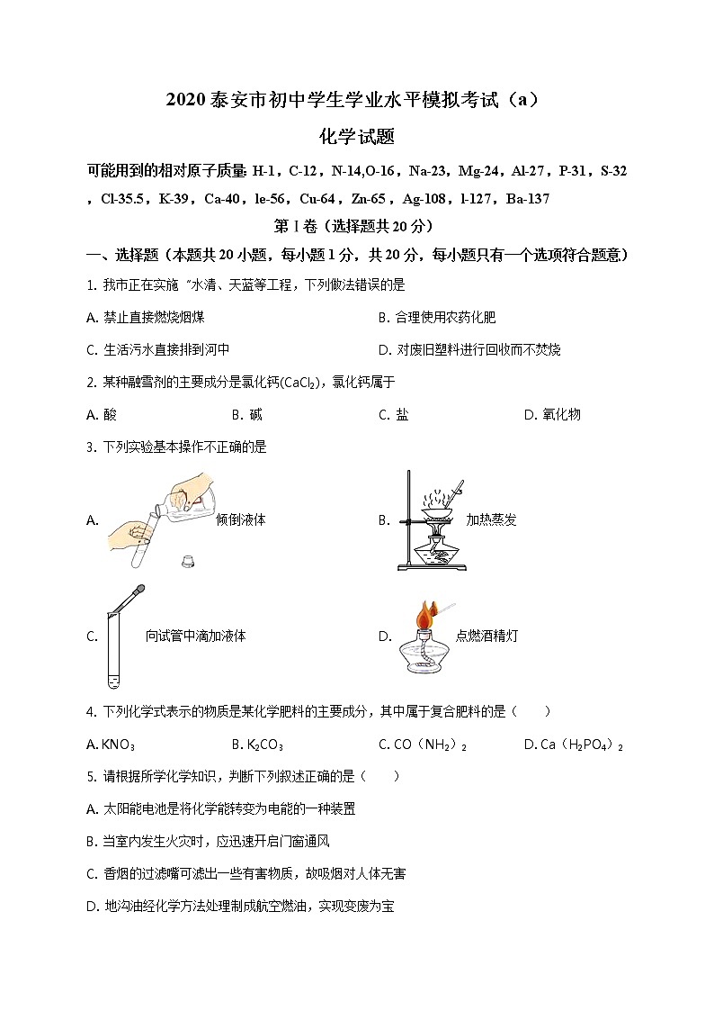 精品解析：2020年山东省泰安市中考二模化学试题（解析版+原卷板）01