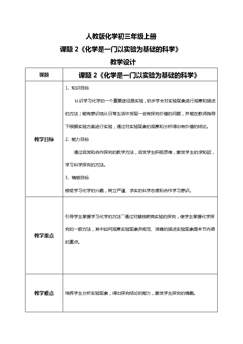 九上化学课题2《化学是一门以实验为基础的科学》课件PPT+教案+练习01