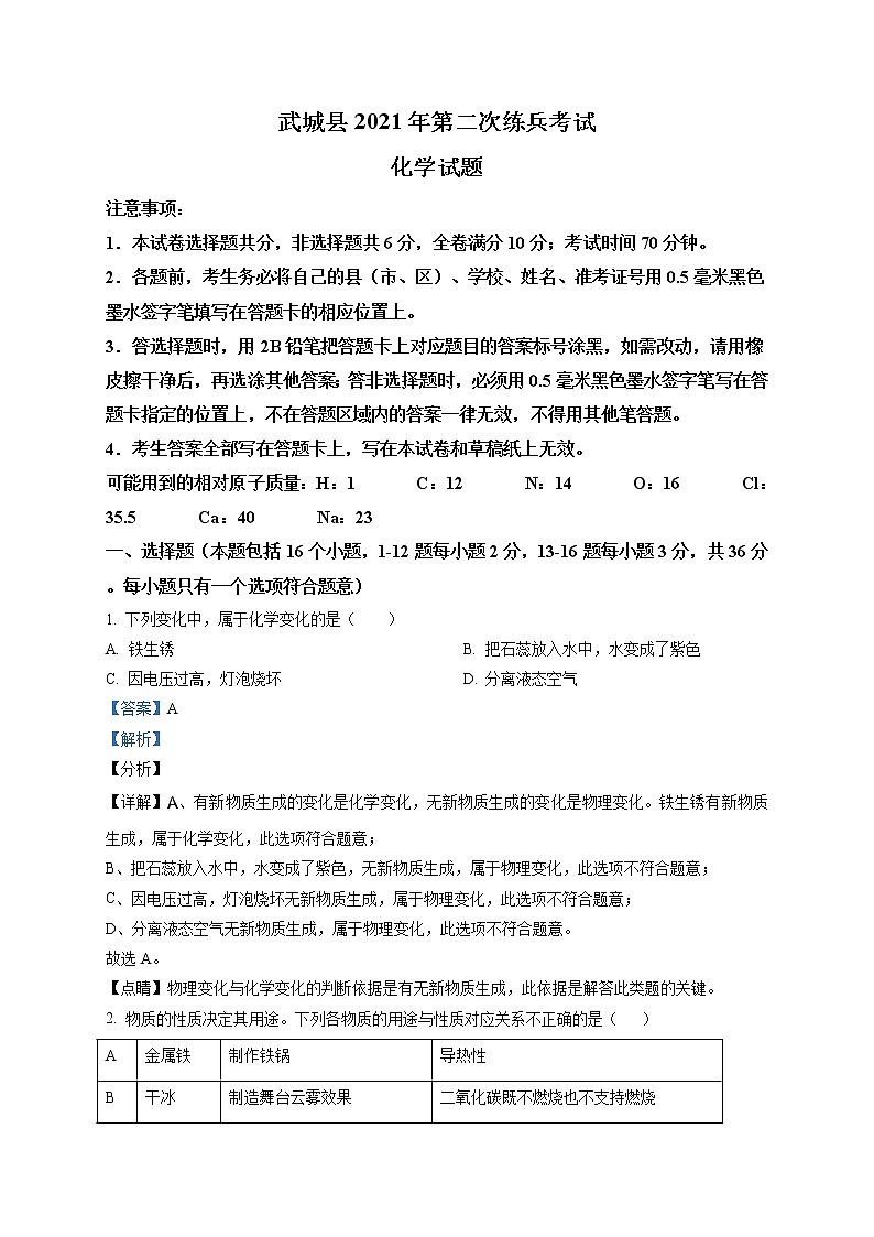 精品解析：2021年山东省德州市武城县中考第二次练兵（二模）化学试题（解析版+原卷板）01