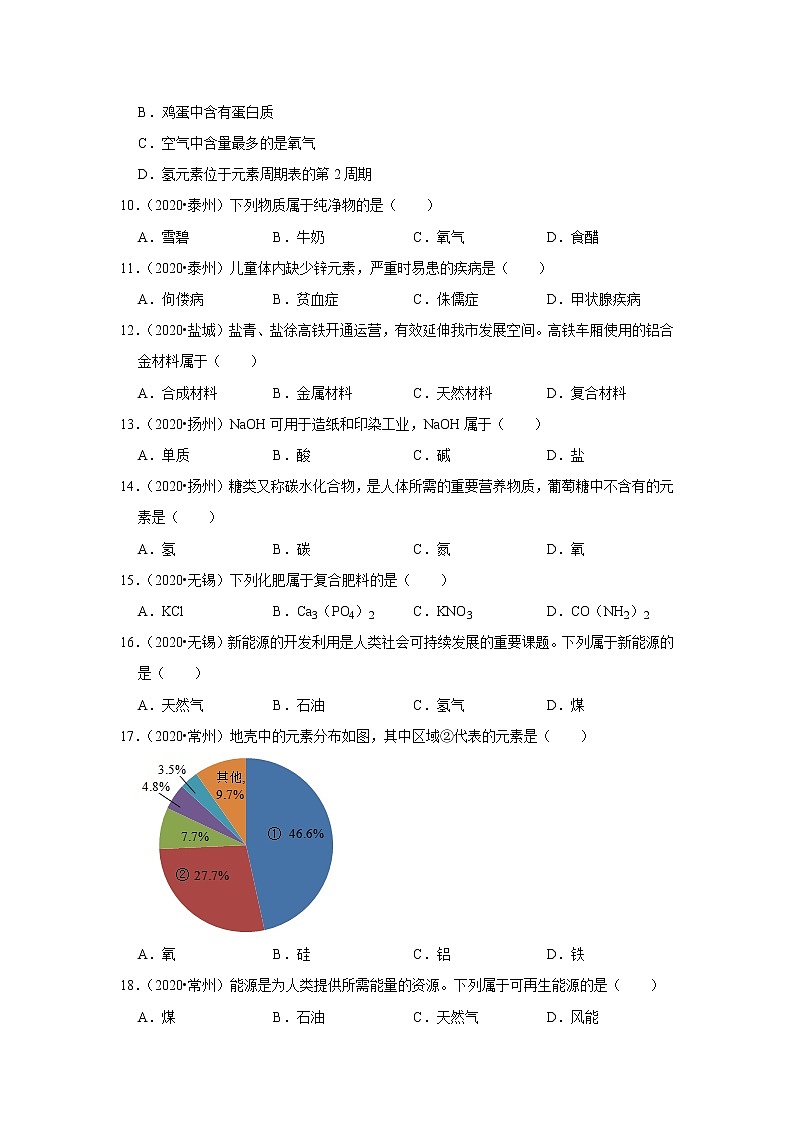 （2019-2021）江苏中考化学真题分项汇编专题02  化学物质、材料、肥料、营养元素第2页