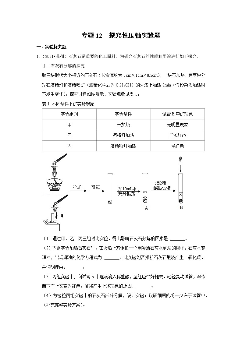 （2019-2021）江苏中考化学真题分项汇编专题12  探究性压轴实验题01