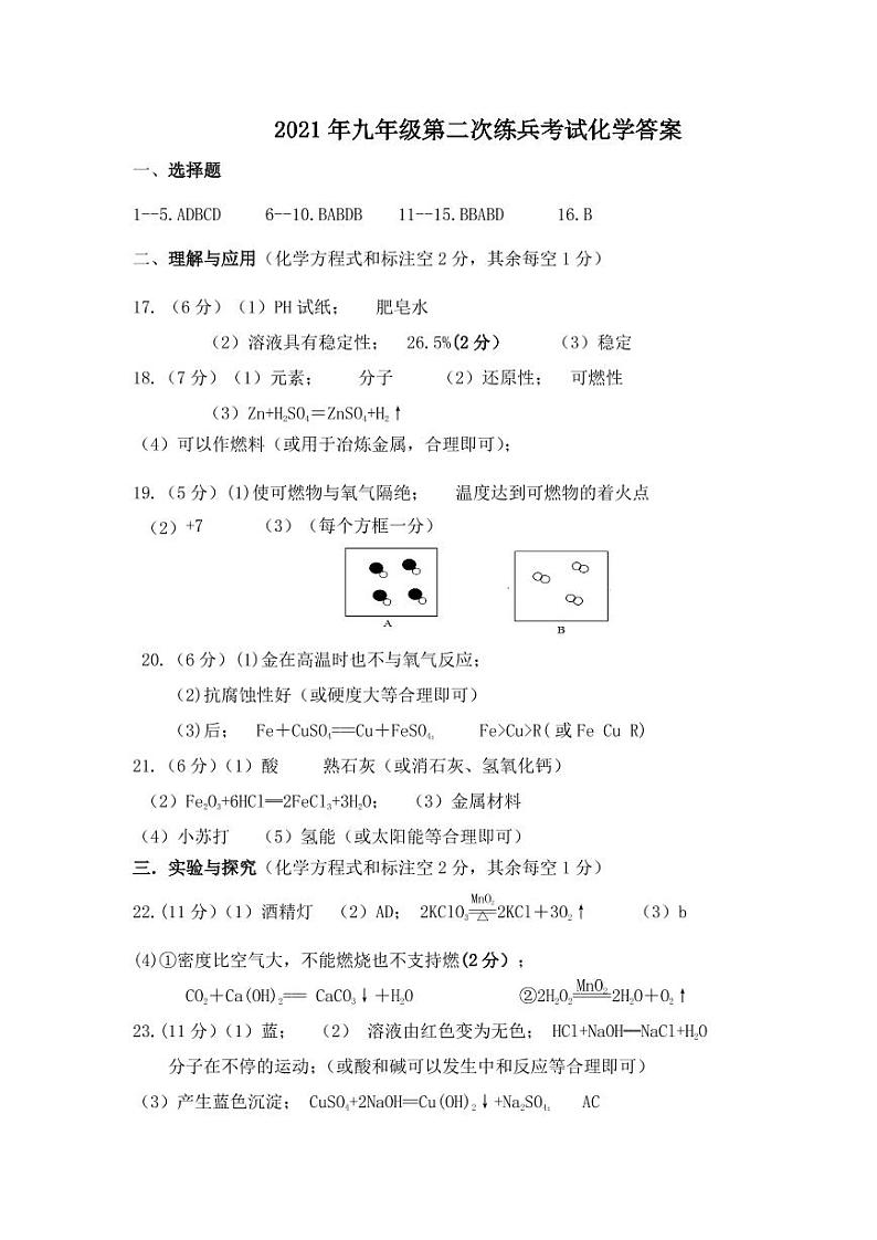 2021年九年级第二次练兵考试化学试题答案第1页